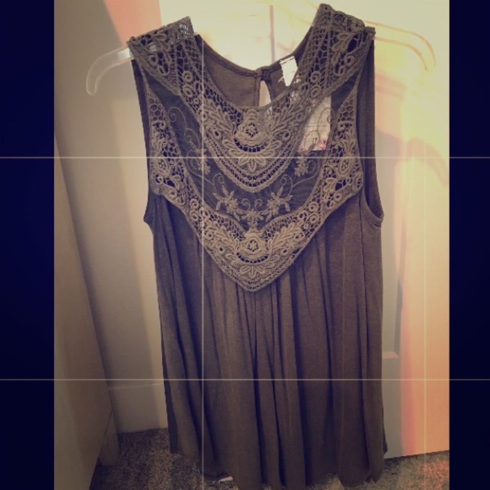 New w/tags, olive green tank w/lace detail